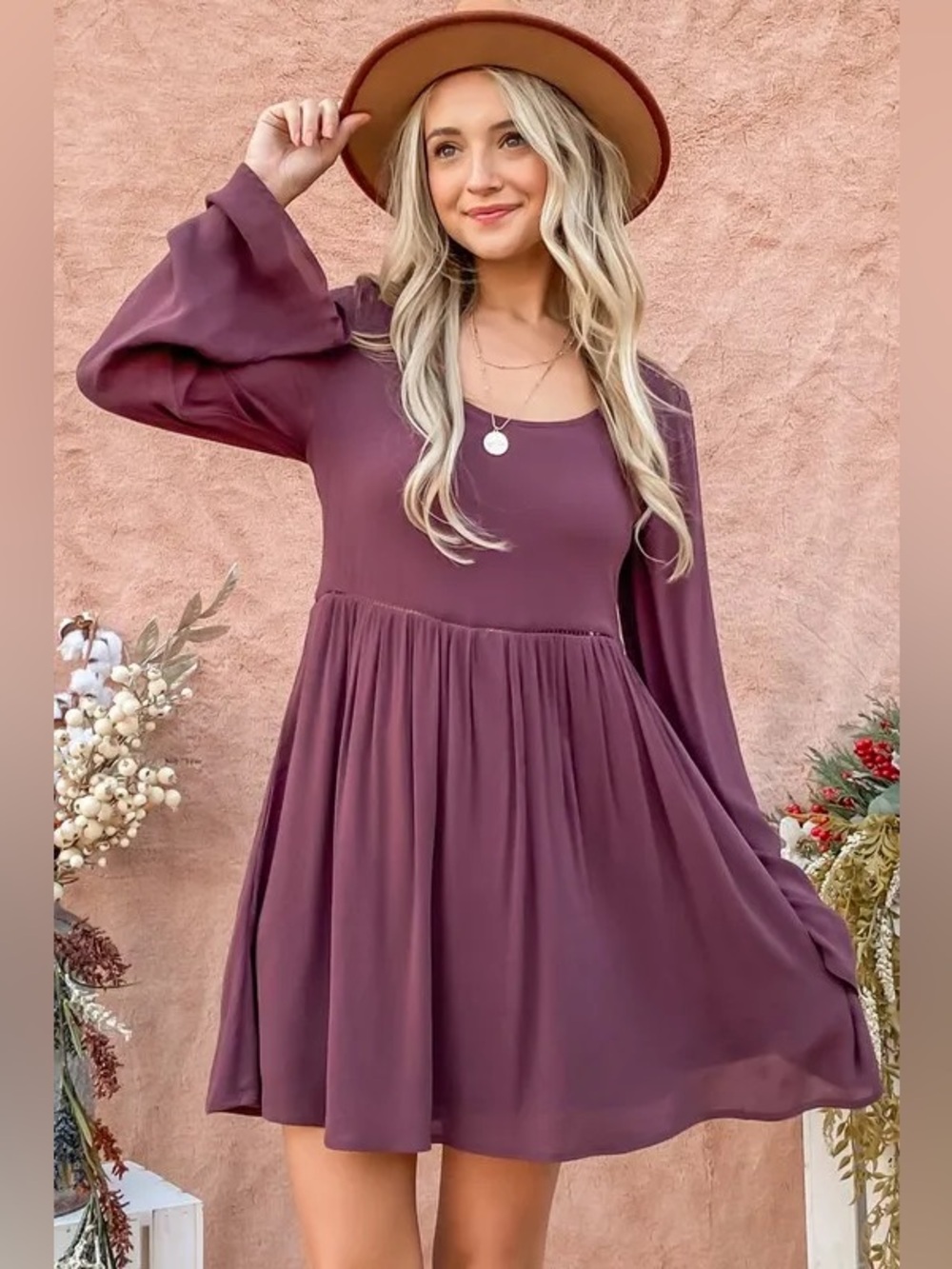 And The Why Mauve Lace Back Button Down Detail Bell Sleeve Dress